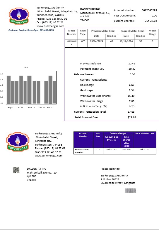 Turkmenistan Turkmengaz business utility bill template in Word and PDF formats